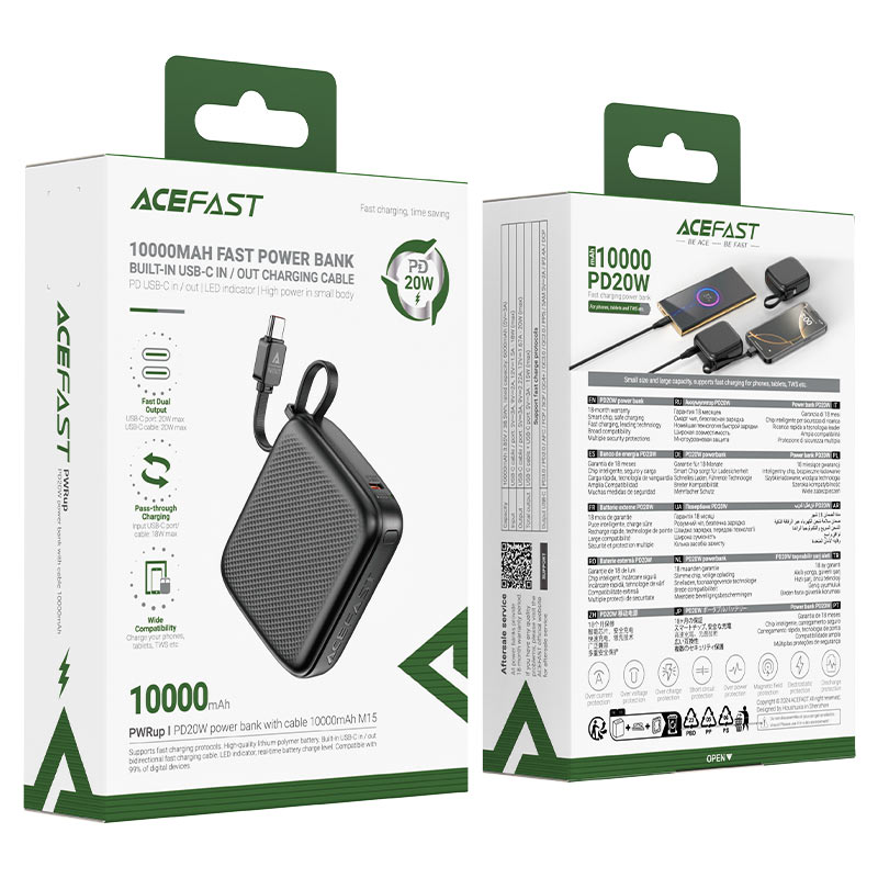 ACEFAST M15 Power Bank 10000mAh – PD 20W Fast Charge | Built-In USB-C Cable | LED Indicator | Air Travel Safe