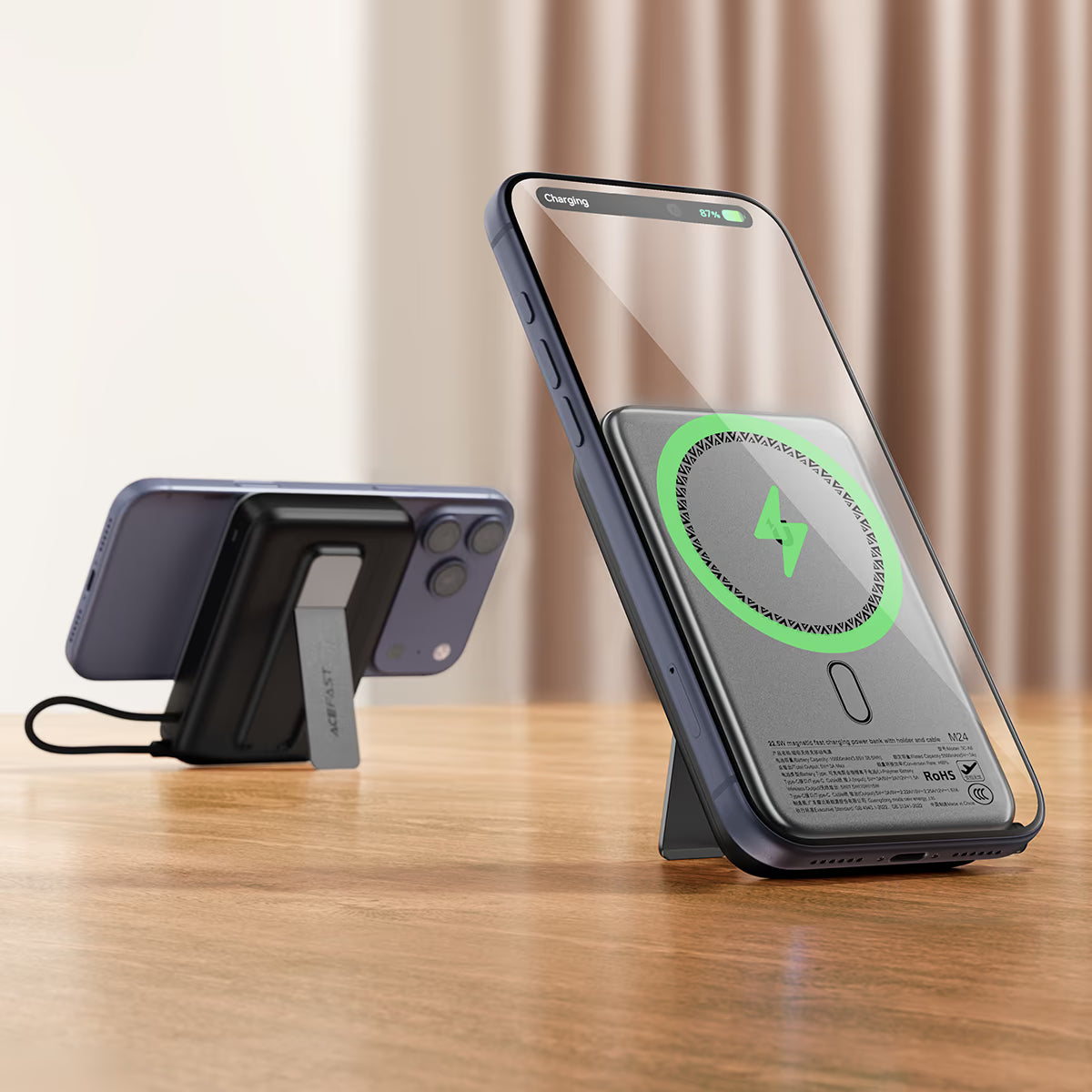 ACEFAST M24 Magnetic Wireless Power Bank 10000mAh – 22.5W Fast Charge | Foldable Stand | Built-In USB-C Cable | LED Indicator