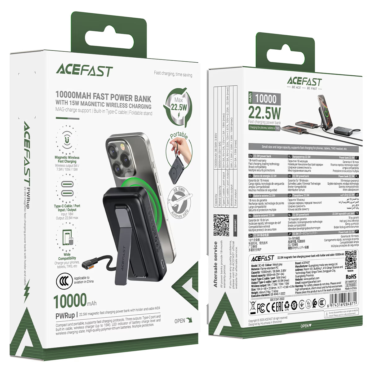 ACEFAST M24 Magnetic Wireless Power Bank 10000mAh – 22.5W Fast Charge | Foldable Stand | Built-In USB-C Cable | LED Indicator