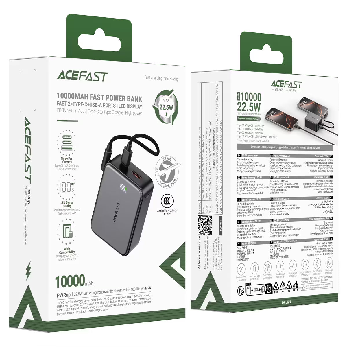 ACEFAST M28 Power Bank 10000mAh – 22.5W Fast Charge | Dual USB-C | USB-A | LED Display | 7-Layer Safety | Air Travel Safe