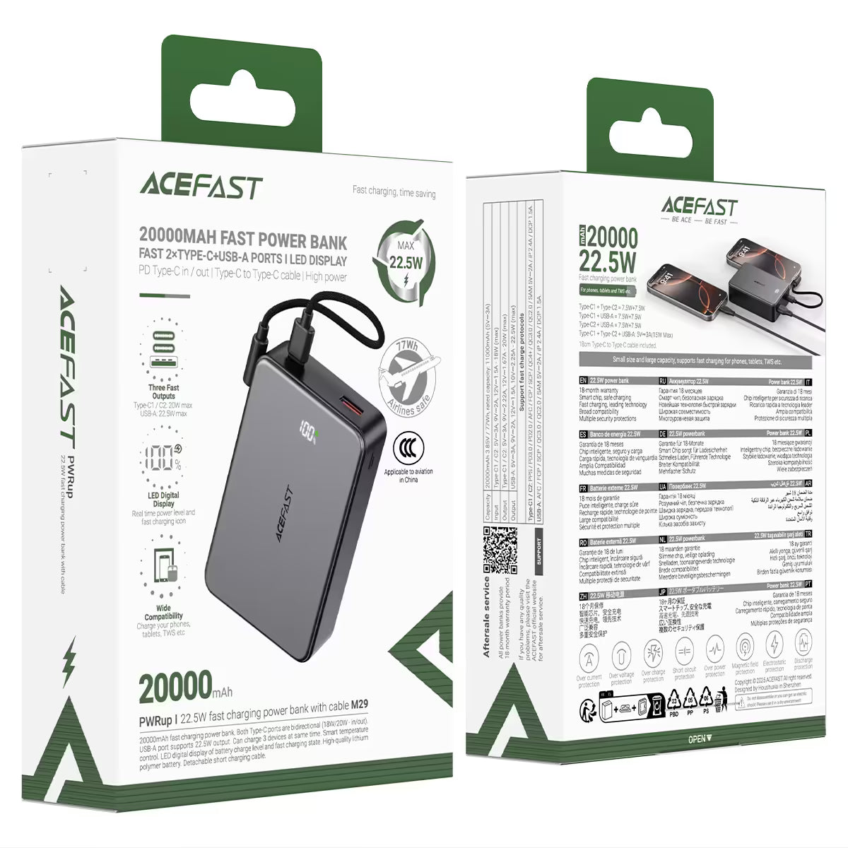 ACEFAST M29 Power Bank 20000mAh – 22.5W Fast Charge | Dual USB-C | USB-A | LED Display | 7-Layer Safety | Air Travel Safe