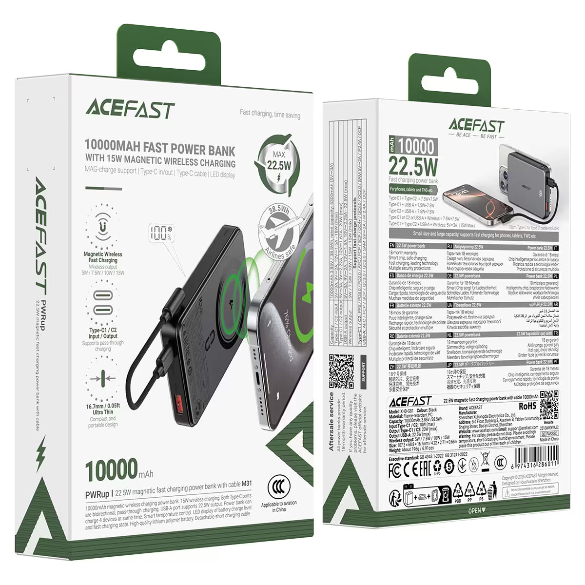 ACEFAST M31 Magnetic Wireless Power Bank 10000mAh – 22.5W Fast Charge | Dual USB-C | LED Display | 7-Layer Safety | Air Travel Safe