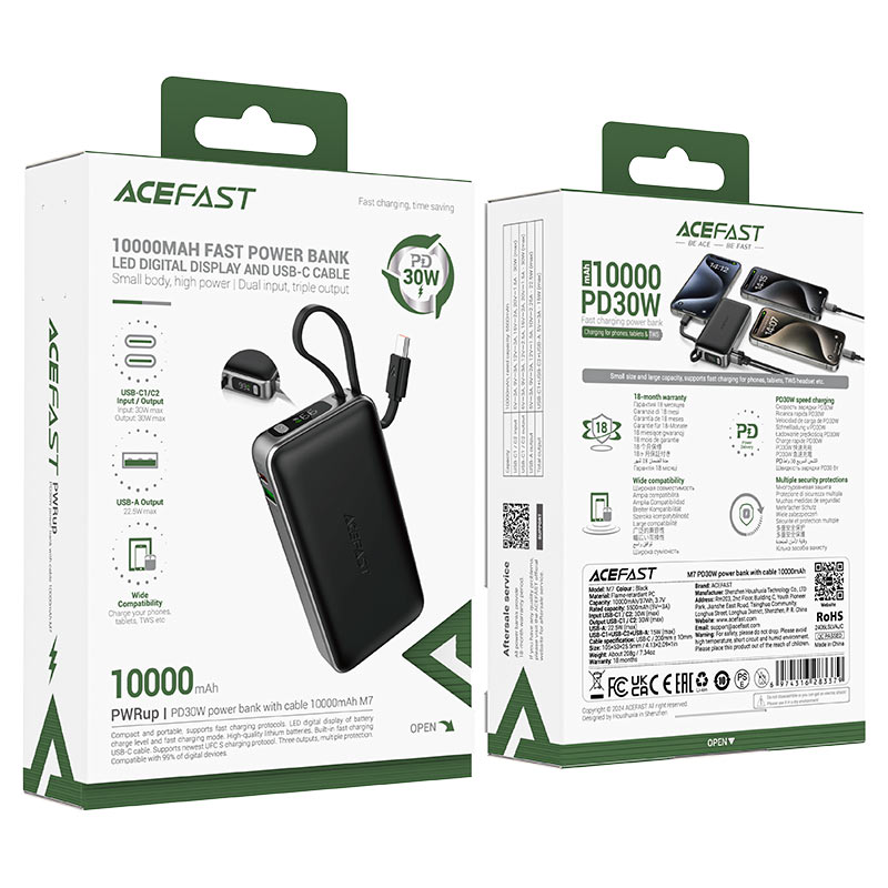 ACEFAST M7 Fast Charge Power Bank PD30W 10000mAh with Built-in USB-C Cable