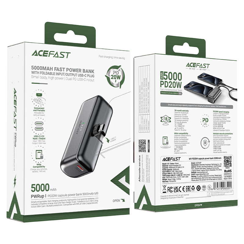 ACEFAST M9 Power Bank 5000mAh 20W – Foldable USB-C Plug, Dual Port, Fast Charging