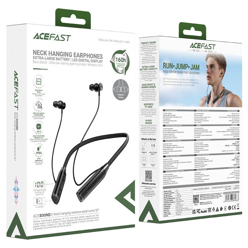 ACEFAST N7 Neck-Hanging Wireless Earphones – 160H Battery | TF Card | LED Display | Bass Boost | Game Mode | IPX4