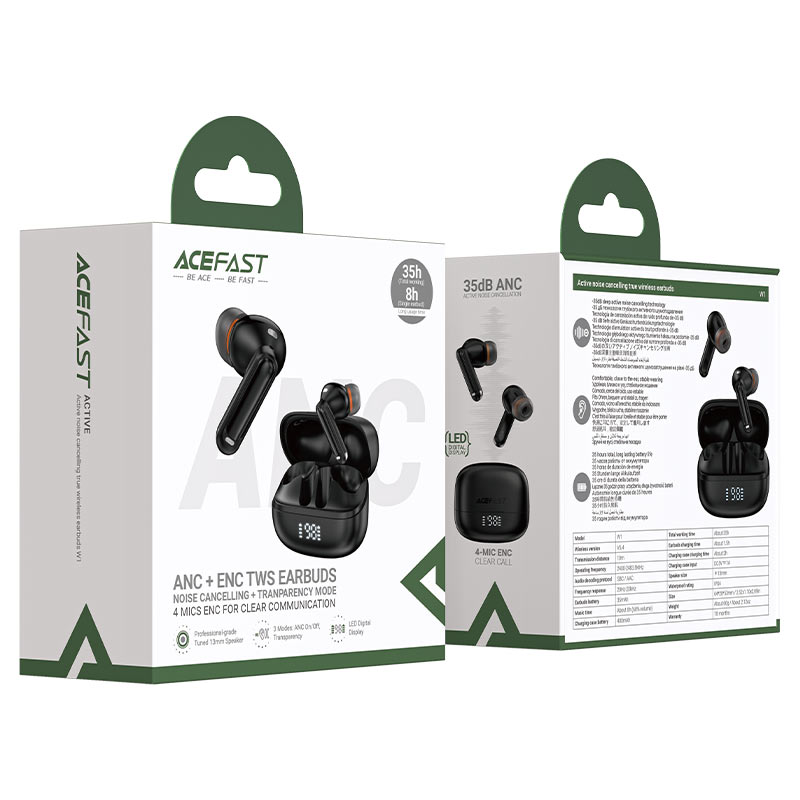 ACEFAST W1 ANC TWS Earbuds – 35dB Noise Cancellation | 4-Mic ENC | Transparency Mode | LED Display | Bluetooth 5.4 | 35H Battery | IPX4