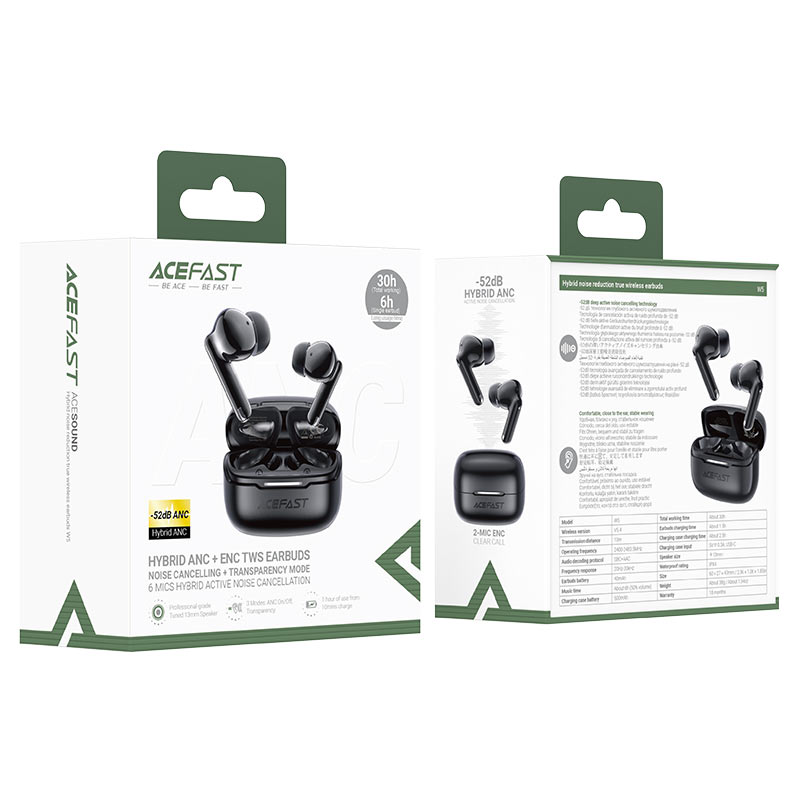 ACEFAST W5 Hybrid ANC TWS Earbuds – 6-Mic ANC | Bluetooth 5.4 | 30H Battery | Low Latency | IPX4 | Fast Charging