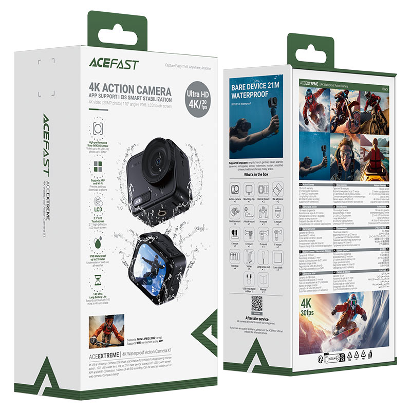 ACEFAST X1 4K Action Camera – 20MP, EIS, IPX8 21m Waterproof, Wi-Fi, Touch Screen