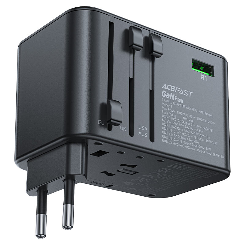 ACEFAST Z1 PD75W GaN Travel Adapter 2300W Universal (3×USB-C + 2×USB-A + AC)