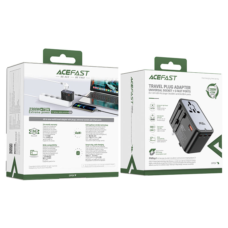 ACEFAST Z1 PD75W GaN Travel Adapter 2300W Universal (3×USB-C + 2×USB-A + AC)
