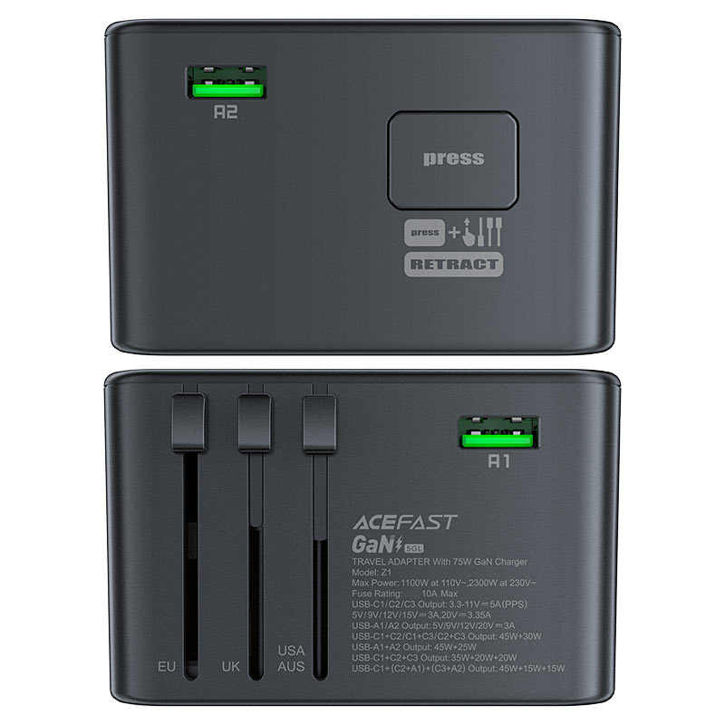 ACEFAST Z1 PD75W GaN Travel Adapter 2300W Universal (3×USB-C + 2×USB-A + AC)