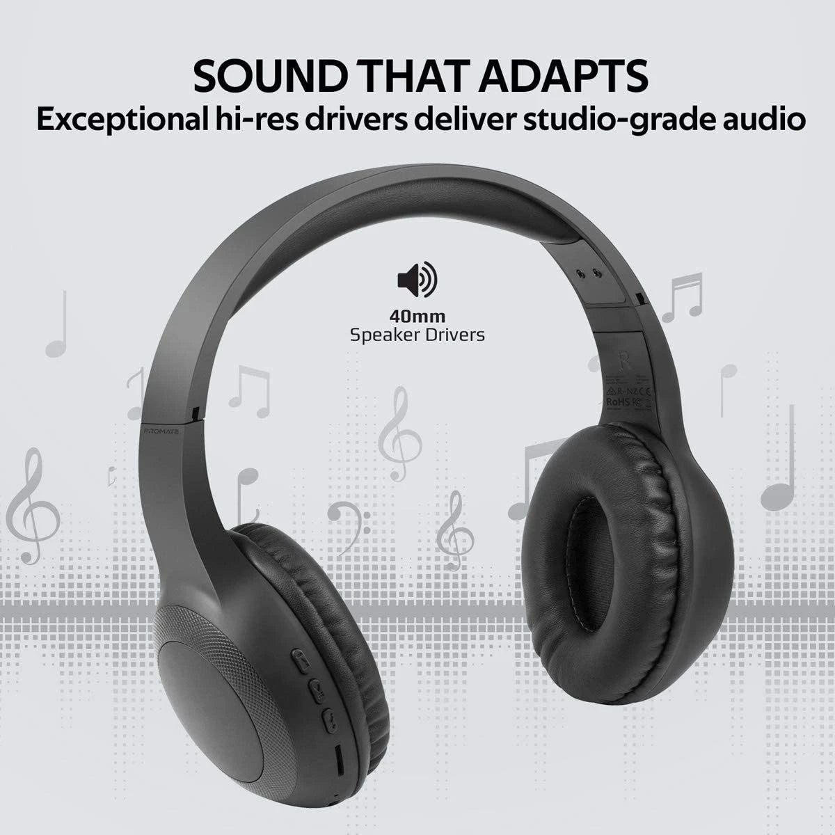 Promate LaBoca Headphone, Over-Ear Deep Bass Wireless Headphone with Long Paytime, Hi-Fi Sound - BLACK