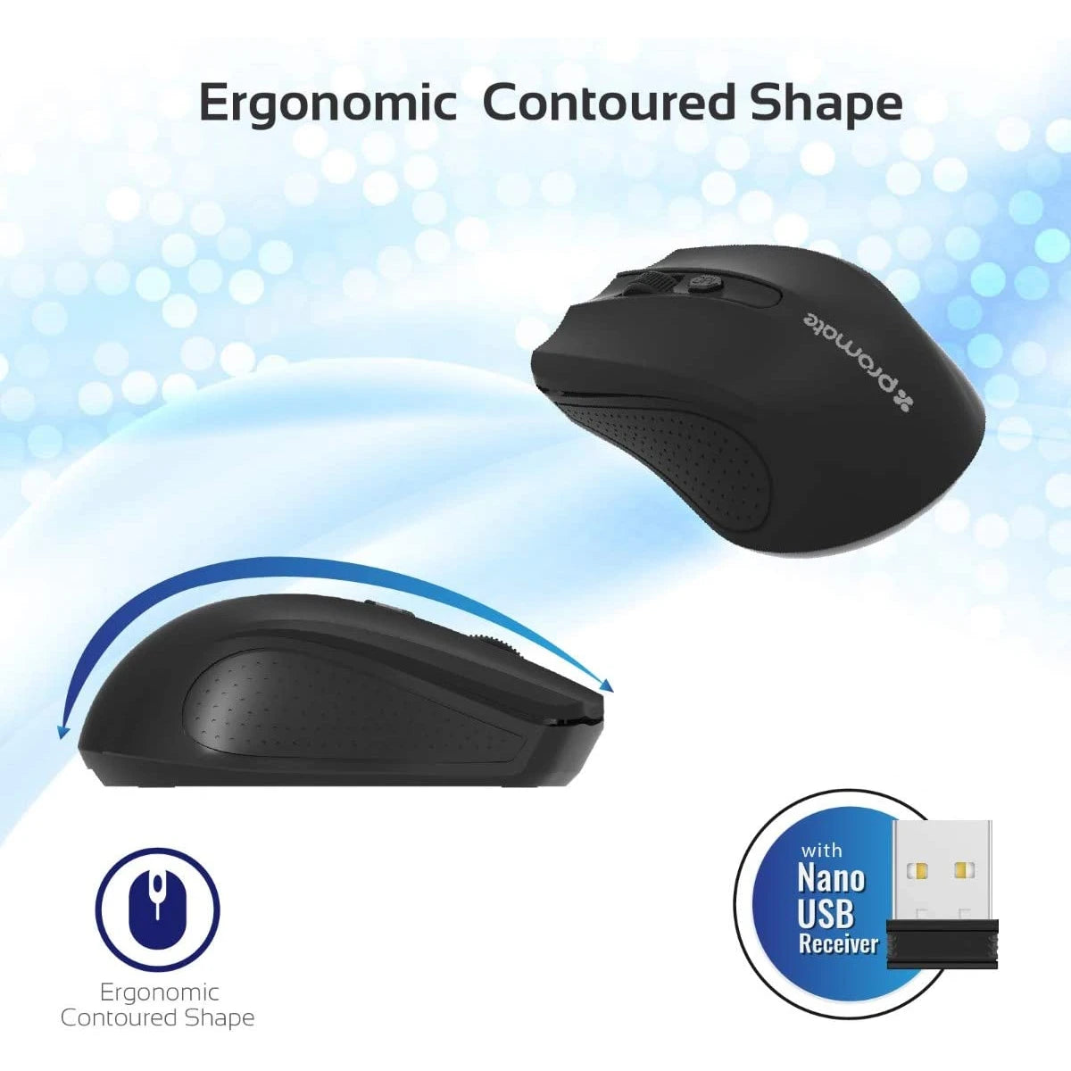 Promate Clix-8 Portable Optical Wireless Mouse with USB Nan Receiver 10m Working Distance, Auto Sleep Function