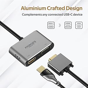 Promate MediaHub-C2 USB-C Display Adapter, Premium 2-In-1 USB-C to 1080 60Hz VGA and 4K 30Hz HDMI Adapter with Dual Screen Display Support