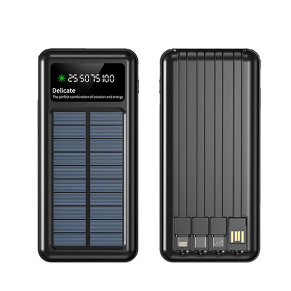 Solar Power Bank 10000mAh with LED Light and Built-in Cables