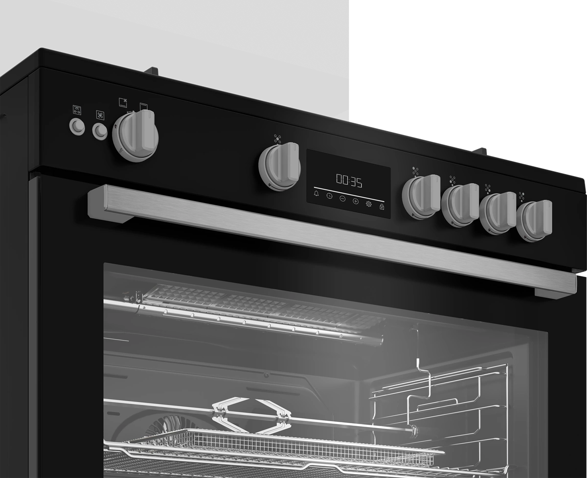 Beko Gas Cooker 90 cm 5 Burners Black with Fan and Cast Iron Pan – BGGR11225GBX