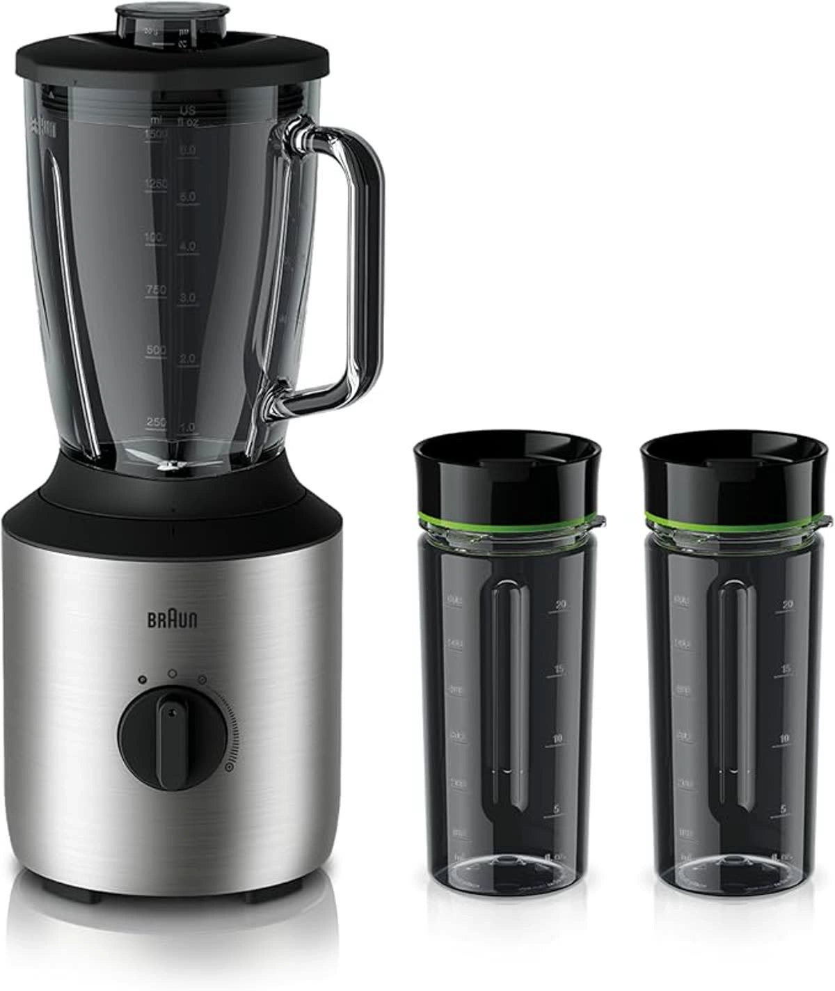 Braun PowerBlend Blender 800W 1.5L Glass Jug Variable Speed & Pulse with 2 Smoothie2Go Cups – Silver (JB3272SI)