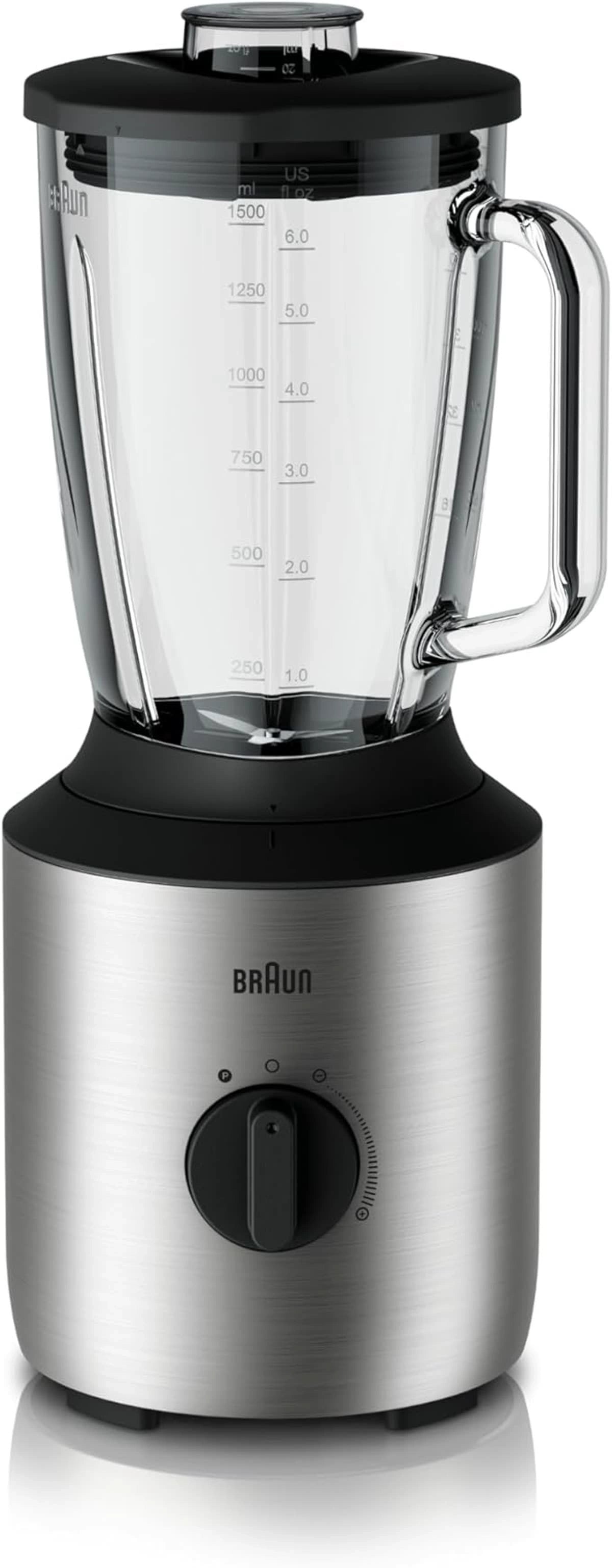 Braun PowerBlend Blender 800W 1.5L Glass Jug Variable Speed & Pulse with 2 Smoothie2Go Cups – Silver (JB3272SI)