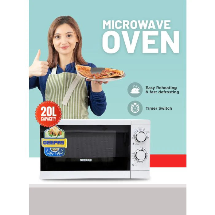 Geepas 20L Microwave Oven 1200W - 6 Power Levels, Defrost Function - White
