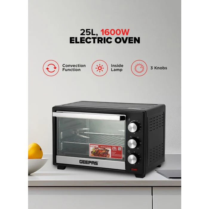 Geepas Electric Oven GO34040 | 25L Capacity | 1600W Power | Rotisserie Function | Adjustable Temperature Control | 60-Min Timer | 2 Years Warranty