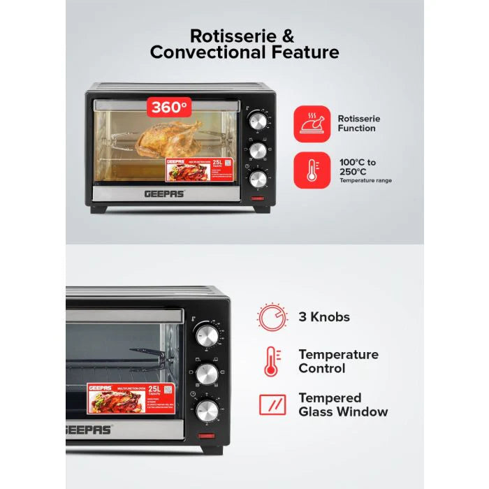 Geepas Electric Oven GO34040 | 25L Capacity | 1600W Power | Rotisserie Function | Adjustable Temperature Control | 60-Min Timer | 2 Years Warranty