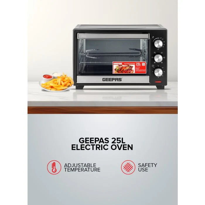 Geepas Electric Oven GO34040 | 25L Capacity | 1600W Power | Rotisserie Function | Adjustable Temperature Control | 60-Min Timer | 2 Years Warranty