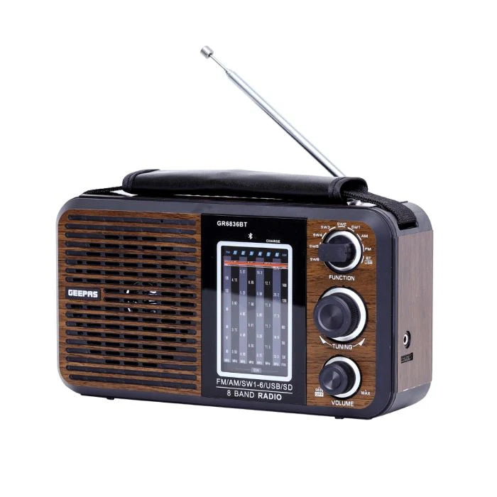Geepas GR6836 Rechargeable 8-Band Radio with Bluetooth, USB & SD Card | FM/AM/SW | Portable Music Player