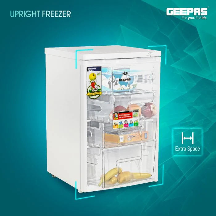 Geepas GRFU1206 Upright Freezer 120L with 4 Drawers - Tropical Compressor, -18°C
