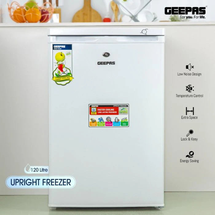 Geepas GRFU1206 Upright Freezer 120L with 4 Drawers - Tropical Compressor, -18°C