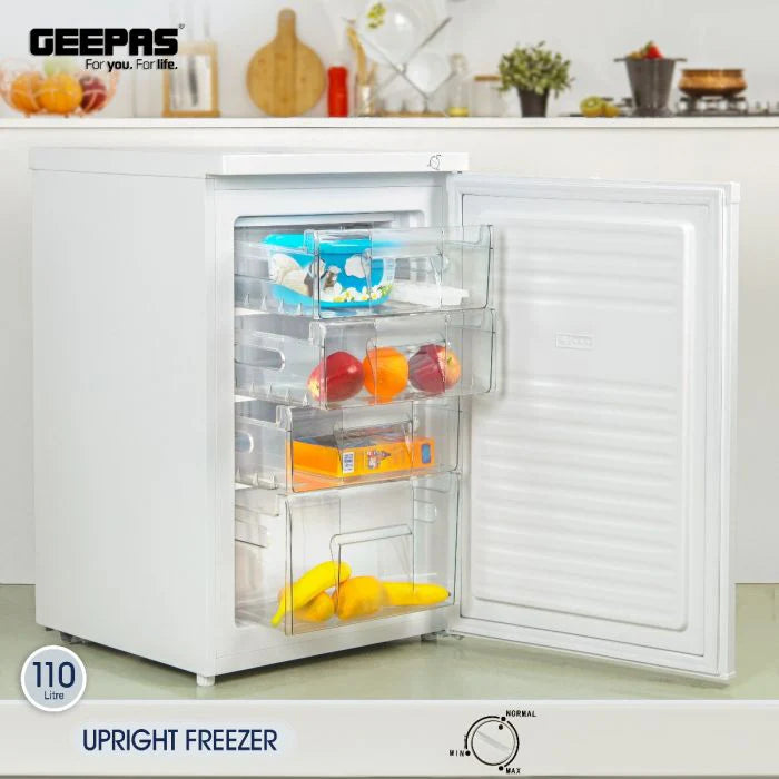 Geepas GRFU1206 Upright Freezer 120L with 4 Drawers - Tropical Compressor, -18°C