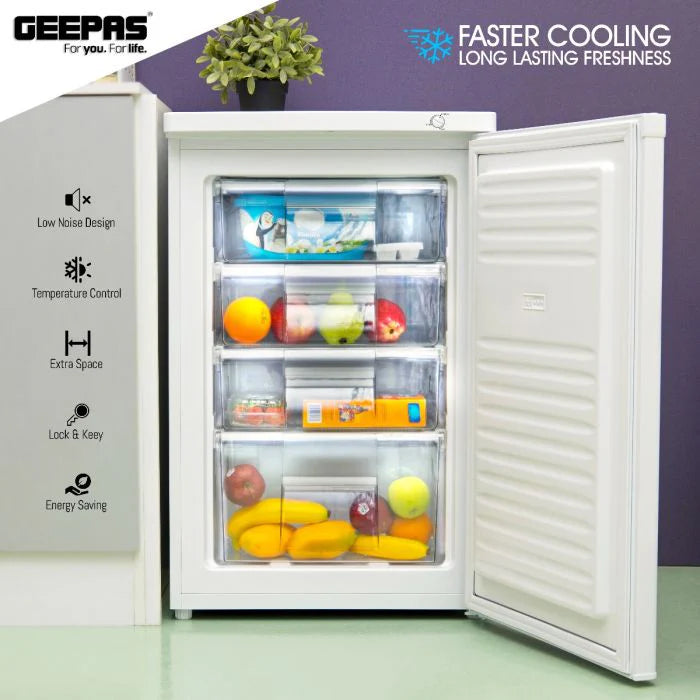 Geepas GRFU1206 Upright Freezer 120L with 4 Drawers - Tropical Compressor, -18°C