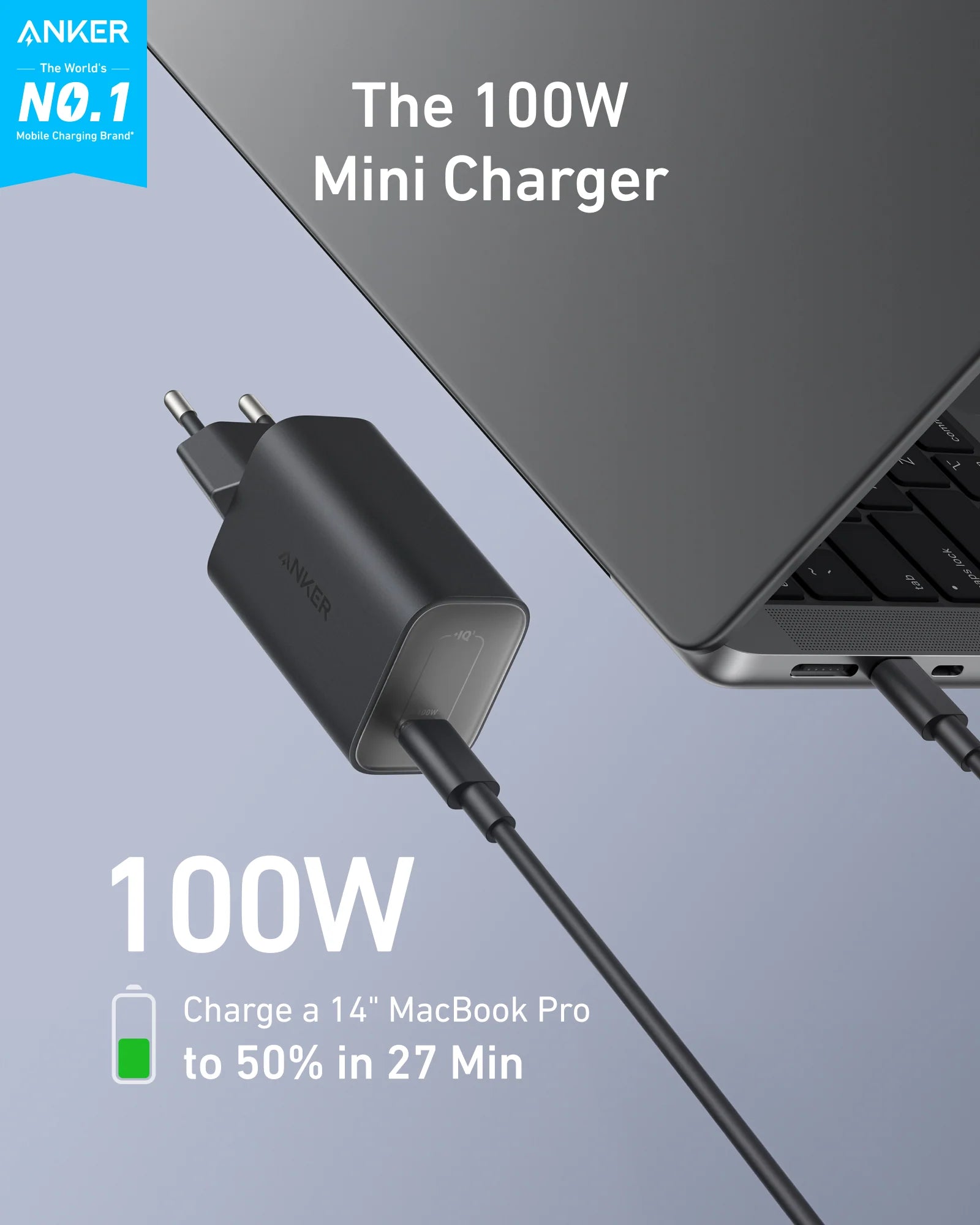 Anker Nano Charger (100W) with USB-C Cable – Ultra-Compact | MacBook Fast Charging