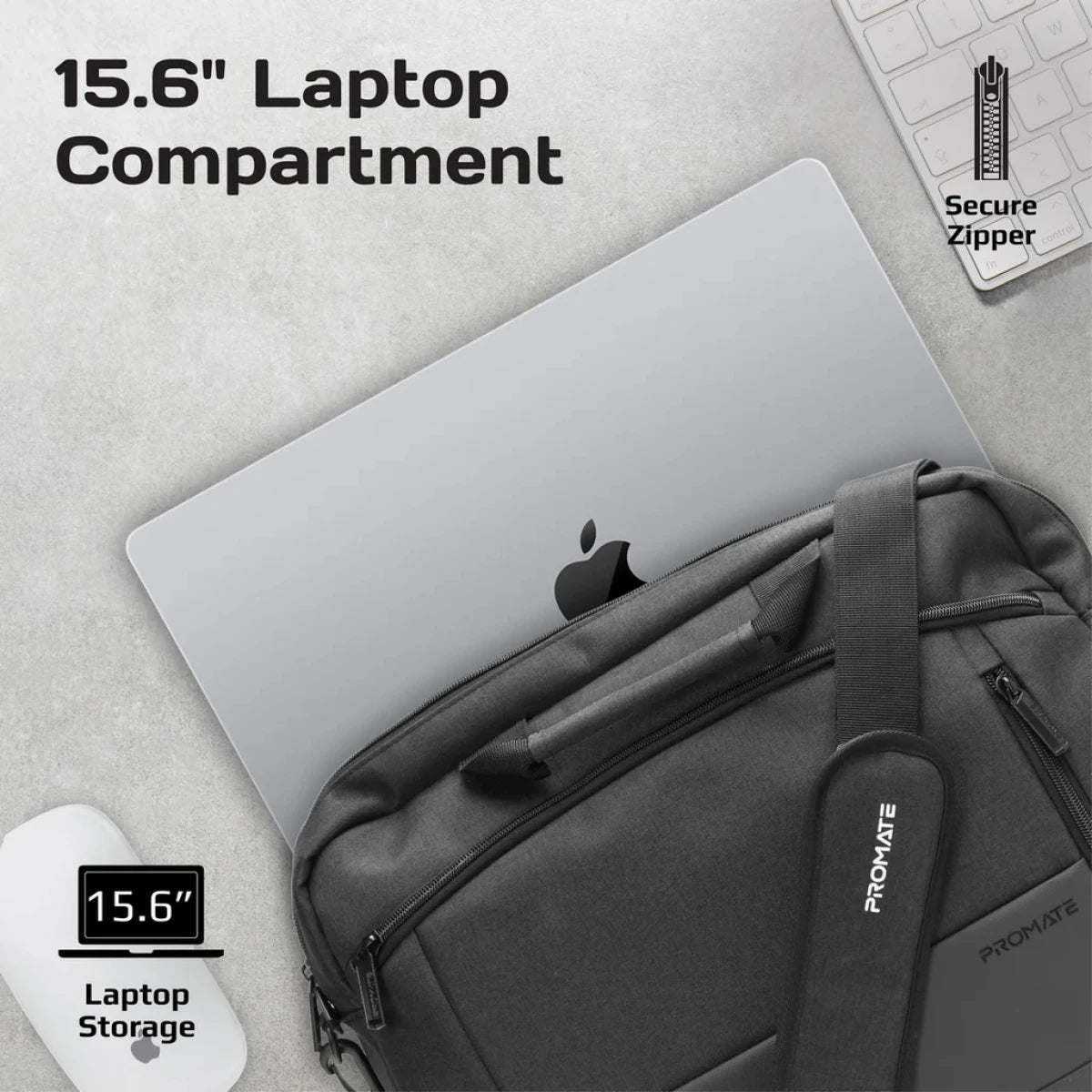 Promate Satchel-MB 15.6-Inch Laptop Bag, Messenger Bag with Large Compartments - Black