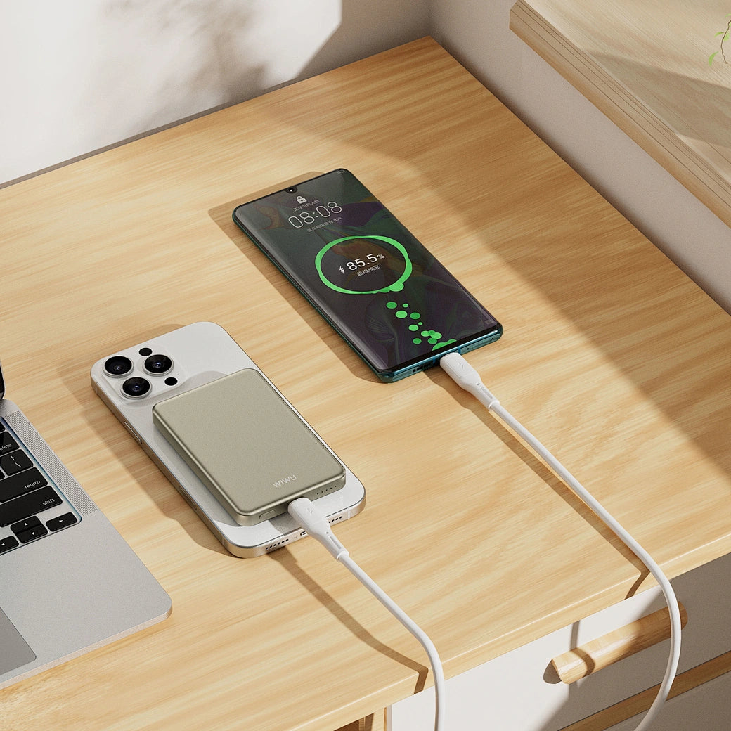 WIWU Ultra Thin Magnetic Power Bank 5000mAh P15 - 15W Wireless Charging (Silver)