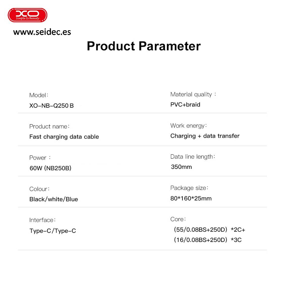 XO NB-Q250 Cable 60W PD – USB-C to USB-C Fast Charging
