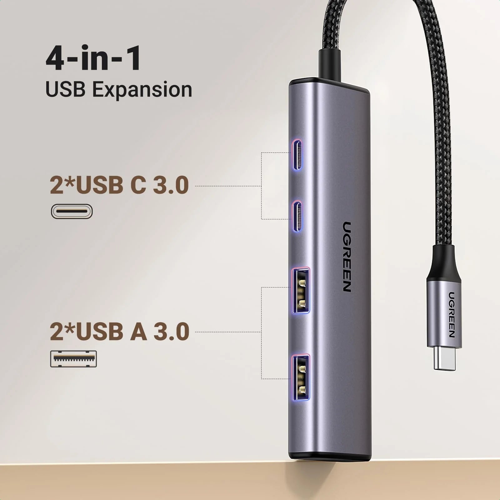 UGREEN Aluminum USB-C Hub, 4 Ports USB-C & USB 3.0 - Fast Data