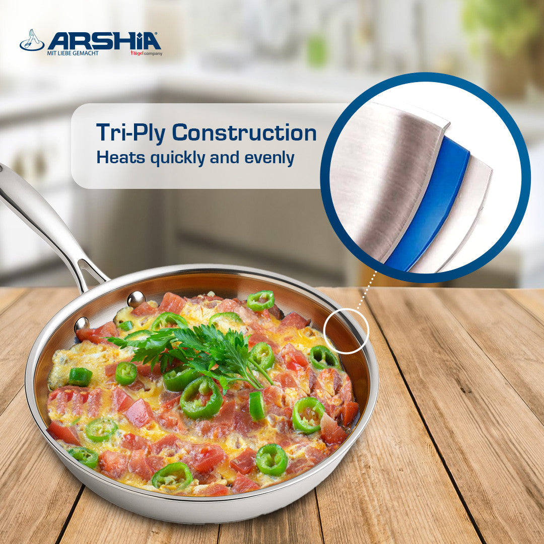 Arshia 28cm Tri-Ply Stainless Steel Frying Pan with Aluminum Core