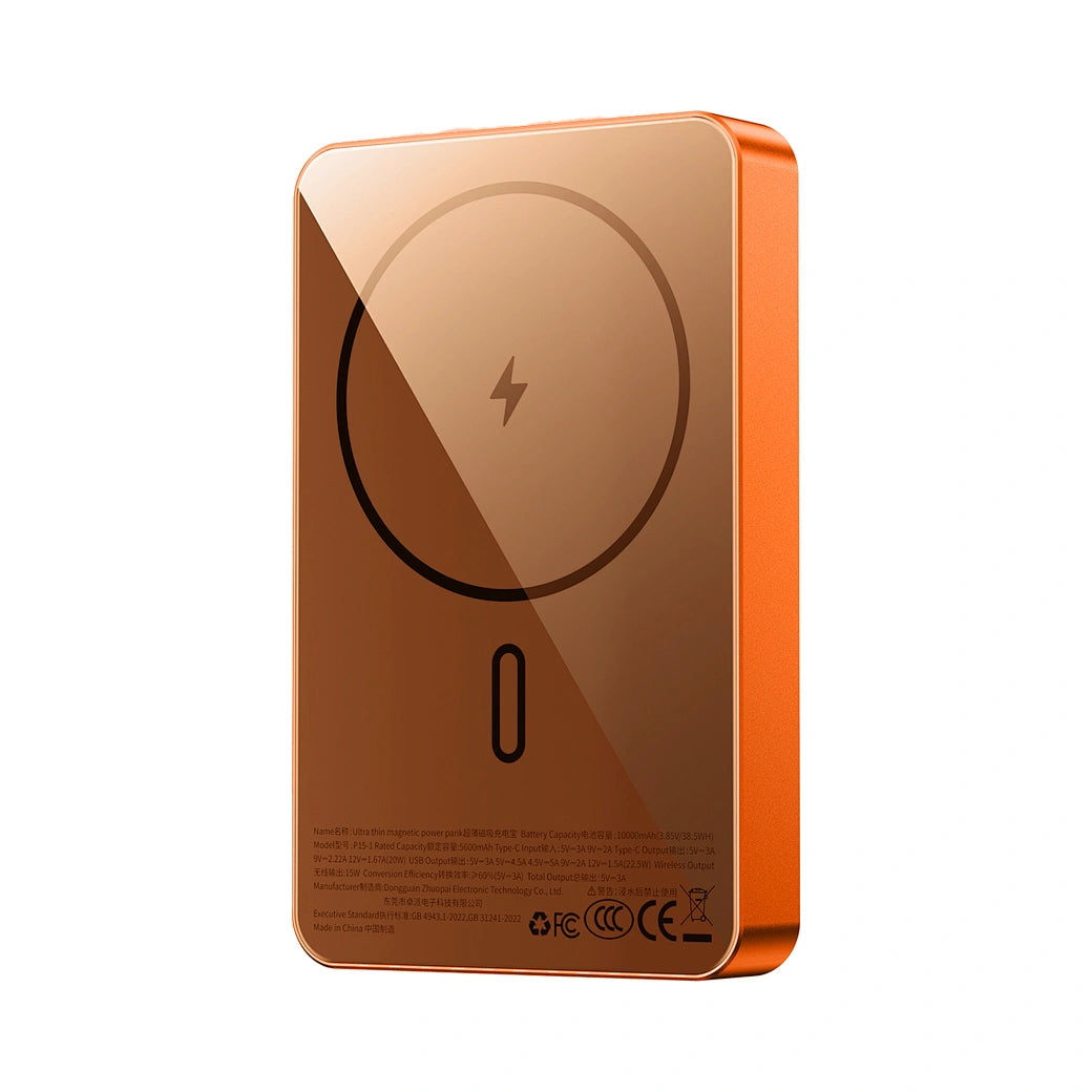 WIWU Ultra Thin Magnetic Power Bank 10000mAh - 15W Wireless Charging (Orange)